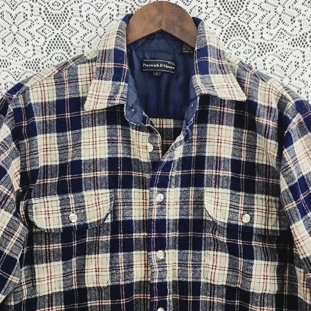 Vintage Preswick & Moore 100% Pure Virgin Wool Button Down Plaid Men's Shirt L - Picture 3 of 7